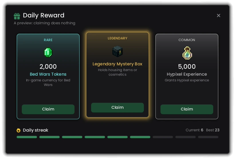The daily reward picker with three cards